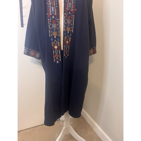 Johnny Was Cleo Blue Navy Embroidered Heavy Coat Sister Jacket Open Large - Picture 9 of 13